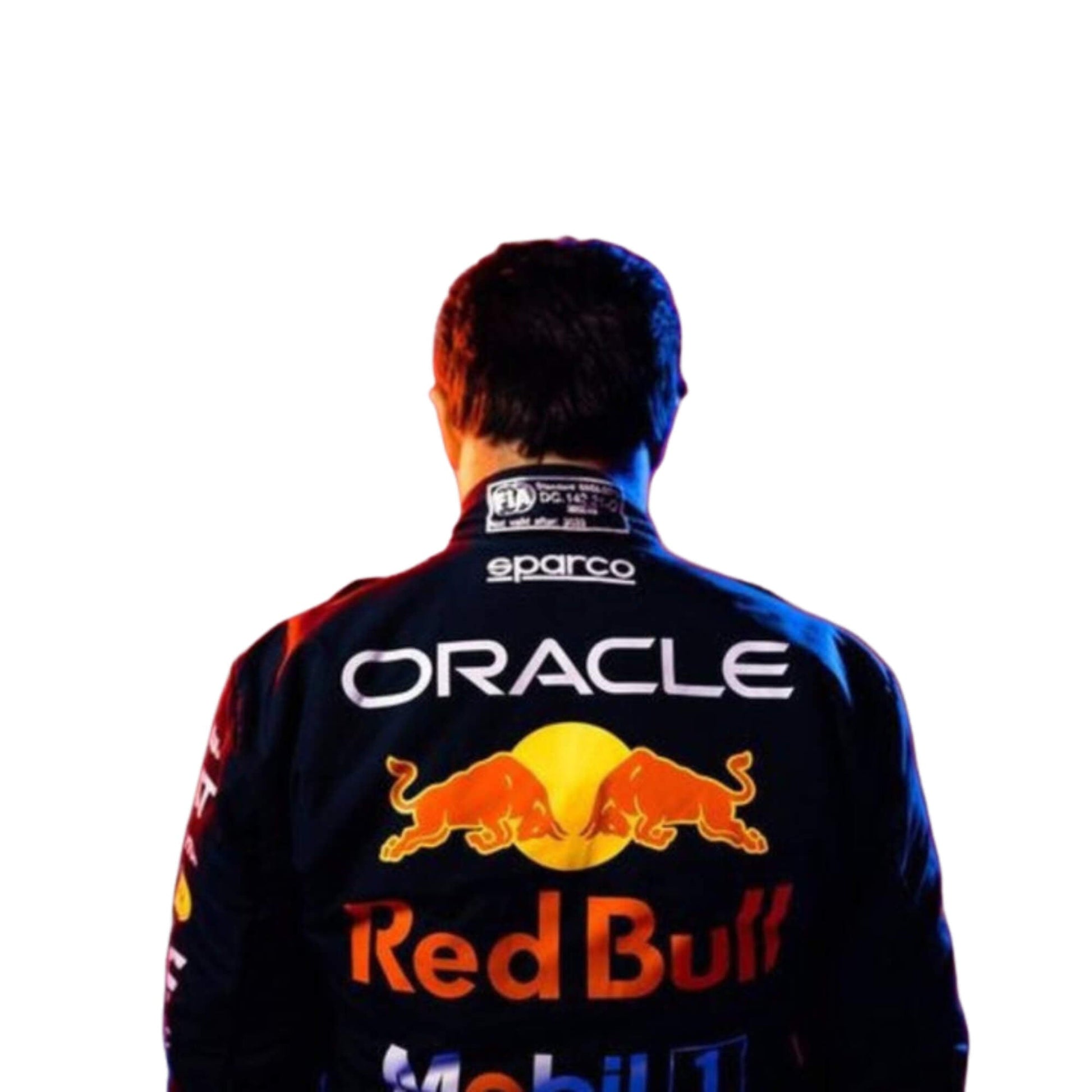 Rear view of the suit with dynamic shaping, navy blue dominance, red side stripes, and visible sponsor placement with precision stitching.