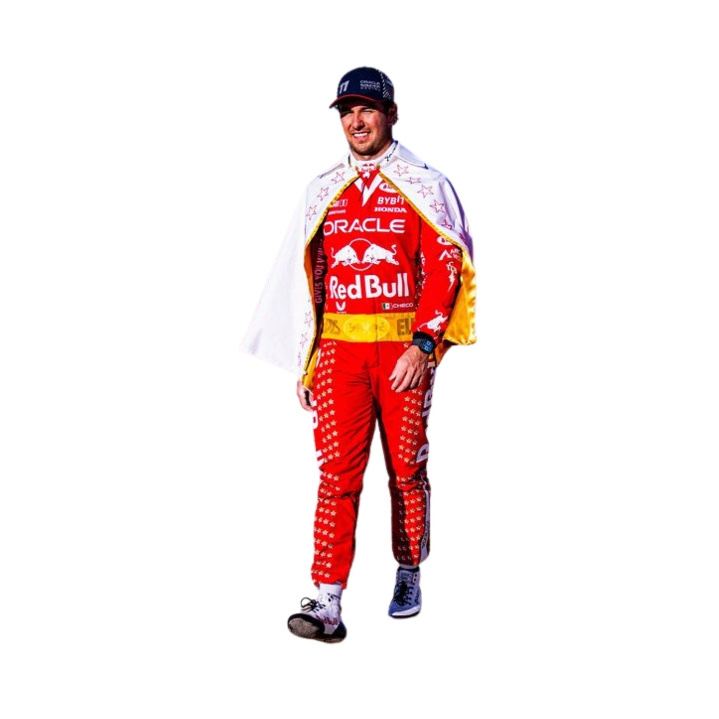 Sergio Perez in his 2023 Las Vegas GP racing suit featuring a bold red base with metallic gold accents and sharp white lines for high visibility.