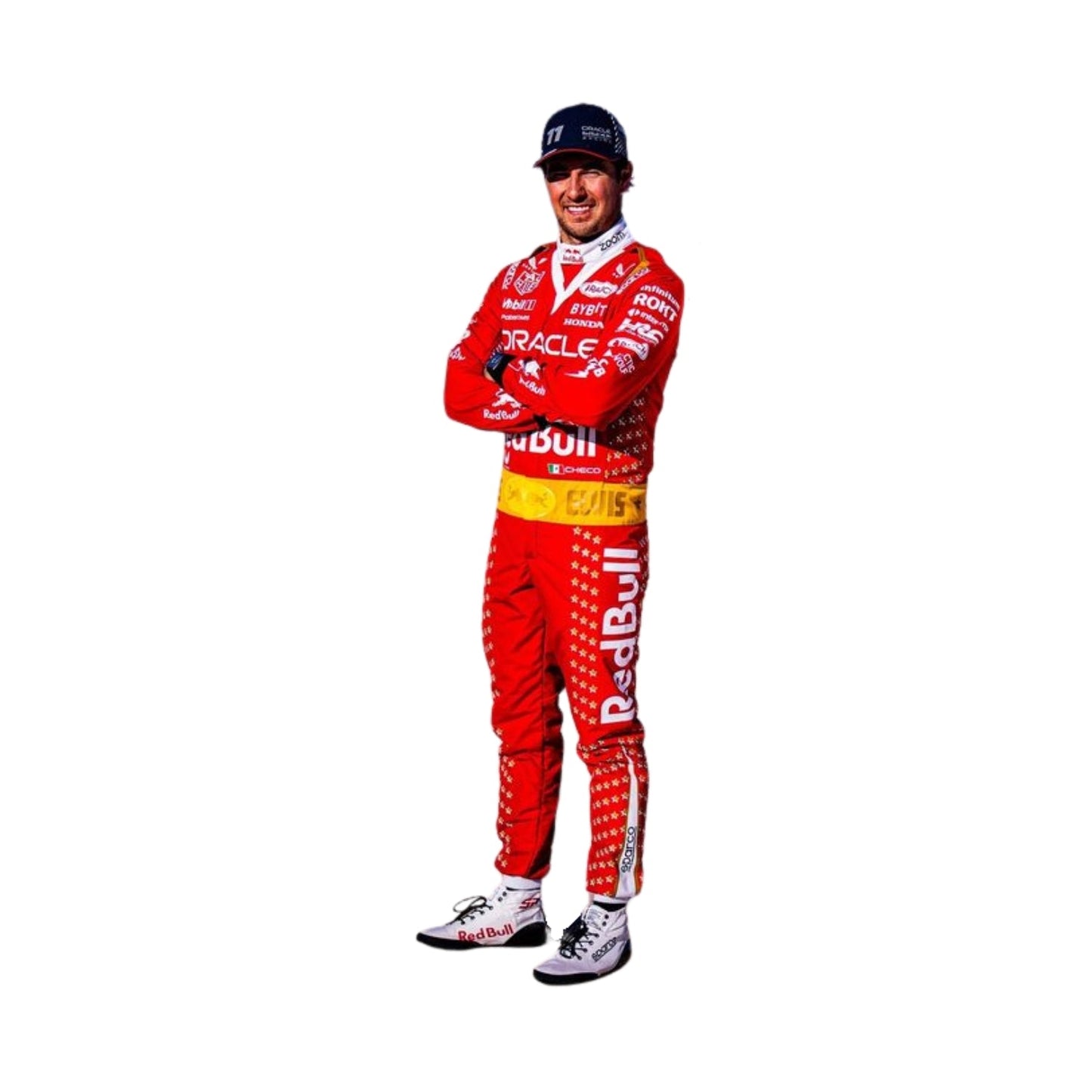 Sergio Perez in his 2023 Las Vegas GP racing suit featuring a bold red base with metallic gold accents and sharp white lines for high visibility.