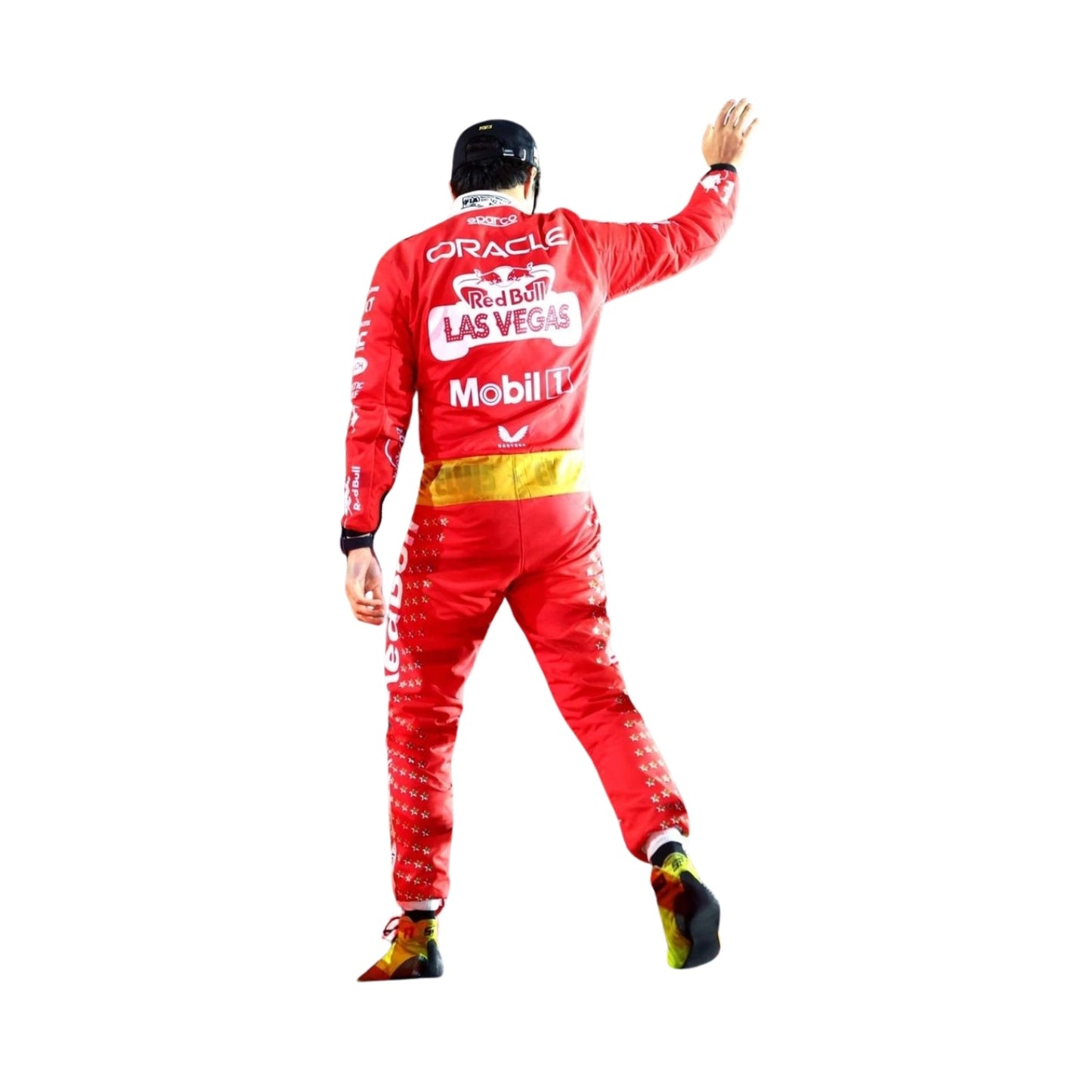 Rear of the suit displays rich navy color with symmetrical gold stripes, personalized number patch, and enhanced shoulder paneling.