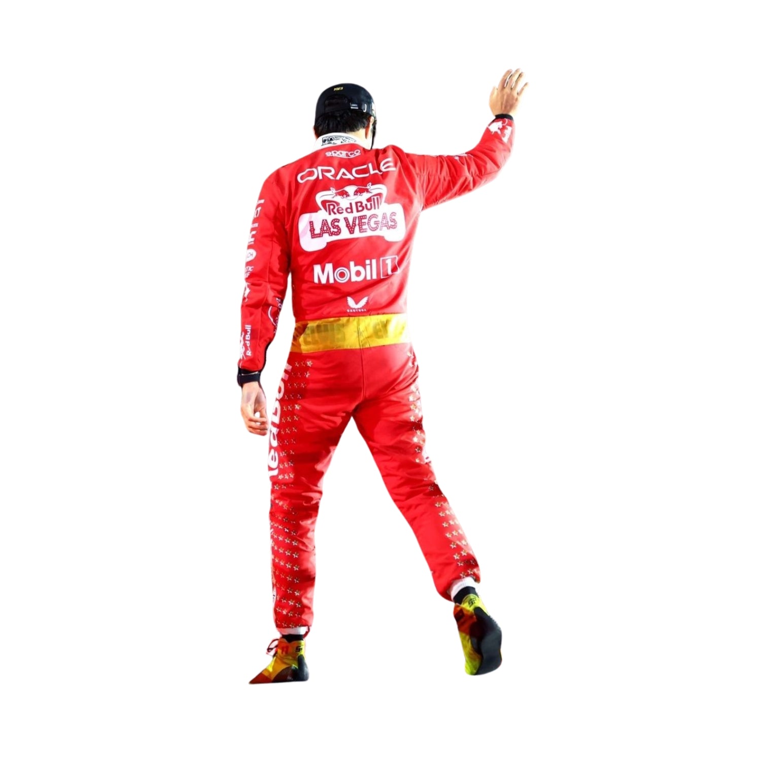 Rear of the suit displays rich navy color with symmetrical gold stripes, personalized number patch, and enhanced shoulder paneling.