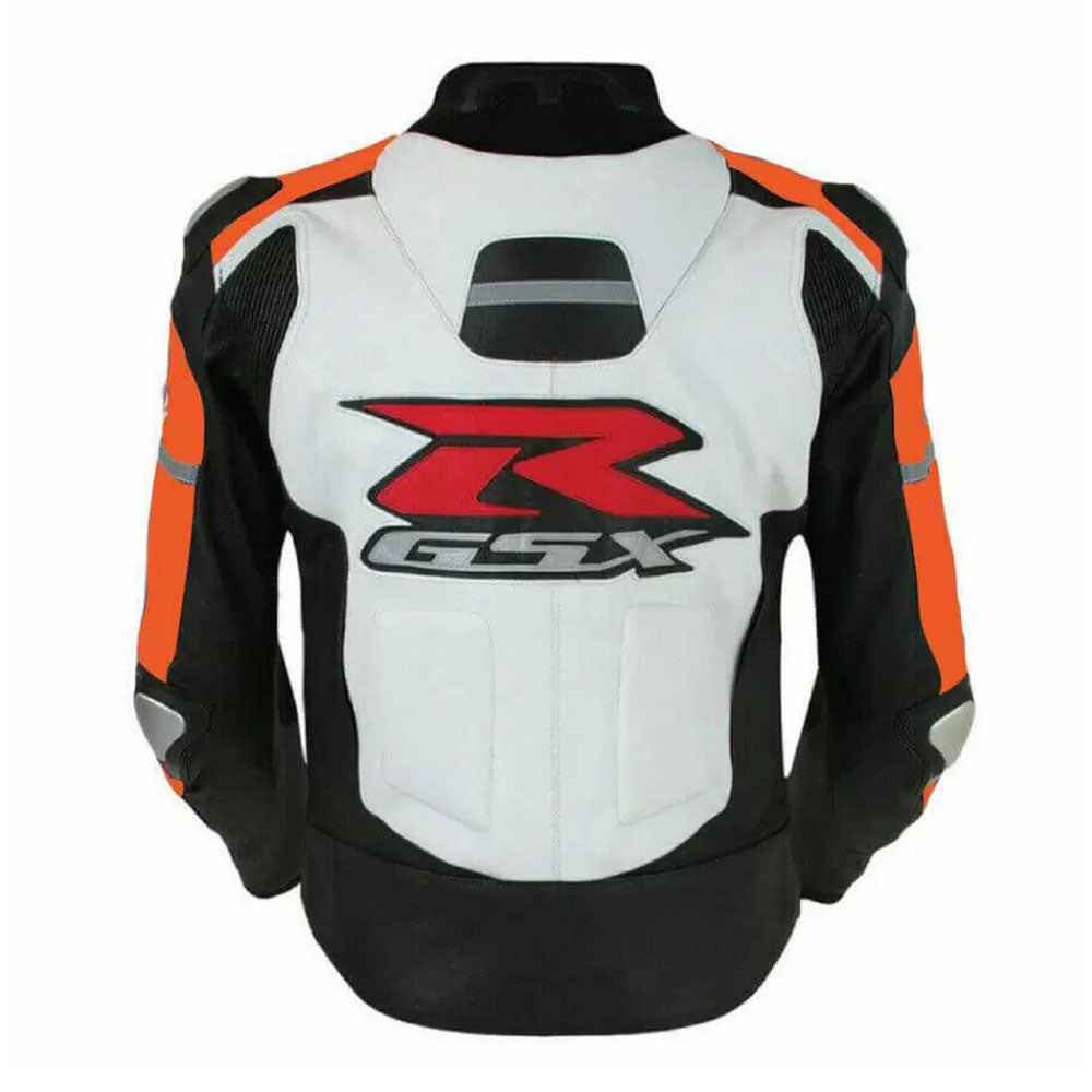 Suzuki GSXR Orange and White Motorbike Leather Racing Jacket