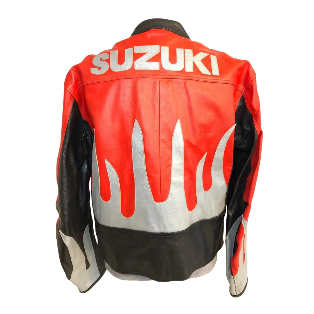 Suzuki Red And White Motorbike Leather Racing Jacket With flames