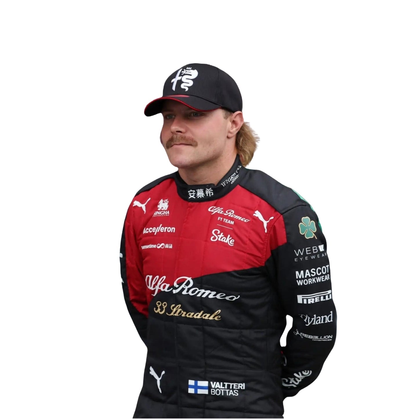 Close-up of Bottas’ 2023 Italian GP F1 suit, highlighting textured fabric, stitched logos, and the unique Stake design details that reflect his Monza appearance.