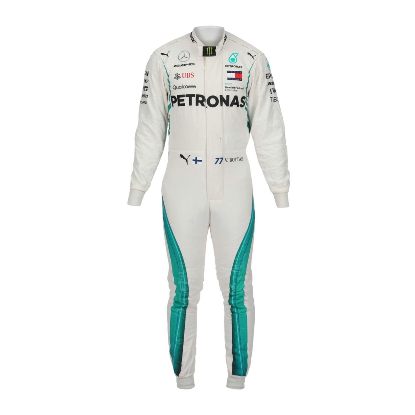 Valtteri Bottas’s 2018 F1 racing suit, front view, showcasing sponsor logos, ergonomic fit, and design tailored for high-speed racing and maximum comfort.