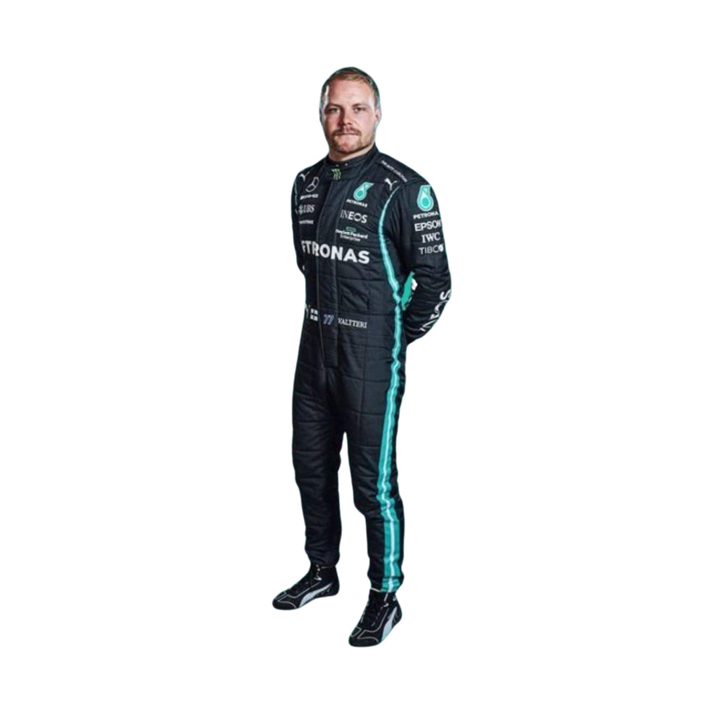 2021 F1 Racing Suit Valtteri Bottas Front View, Black and Silver Design, Full Zipper Closure