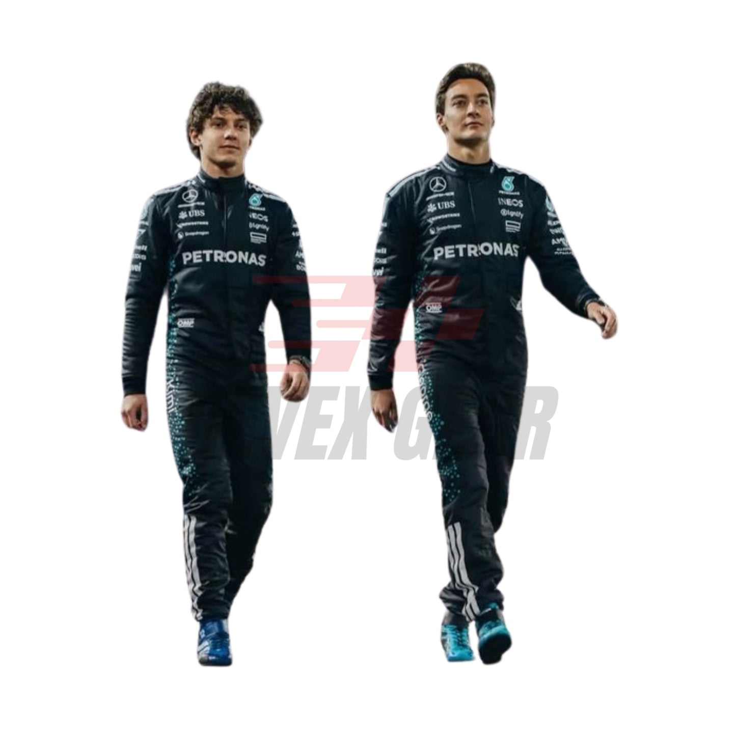 Front view of 2025 F1 racing costume worn by George Russell and Andrea Kimi Antonelli, showcasing modern panel cuts, sleek airflow contours, and sponsor branding with black and silver tones.