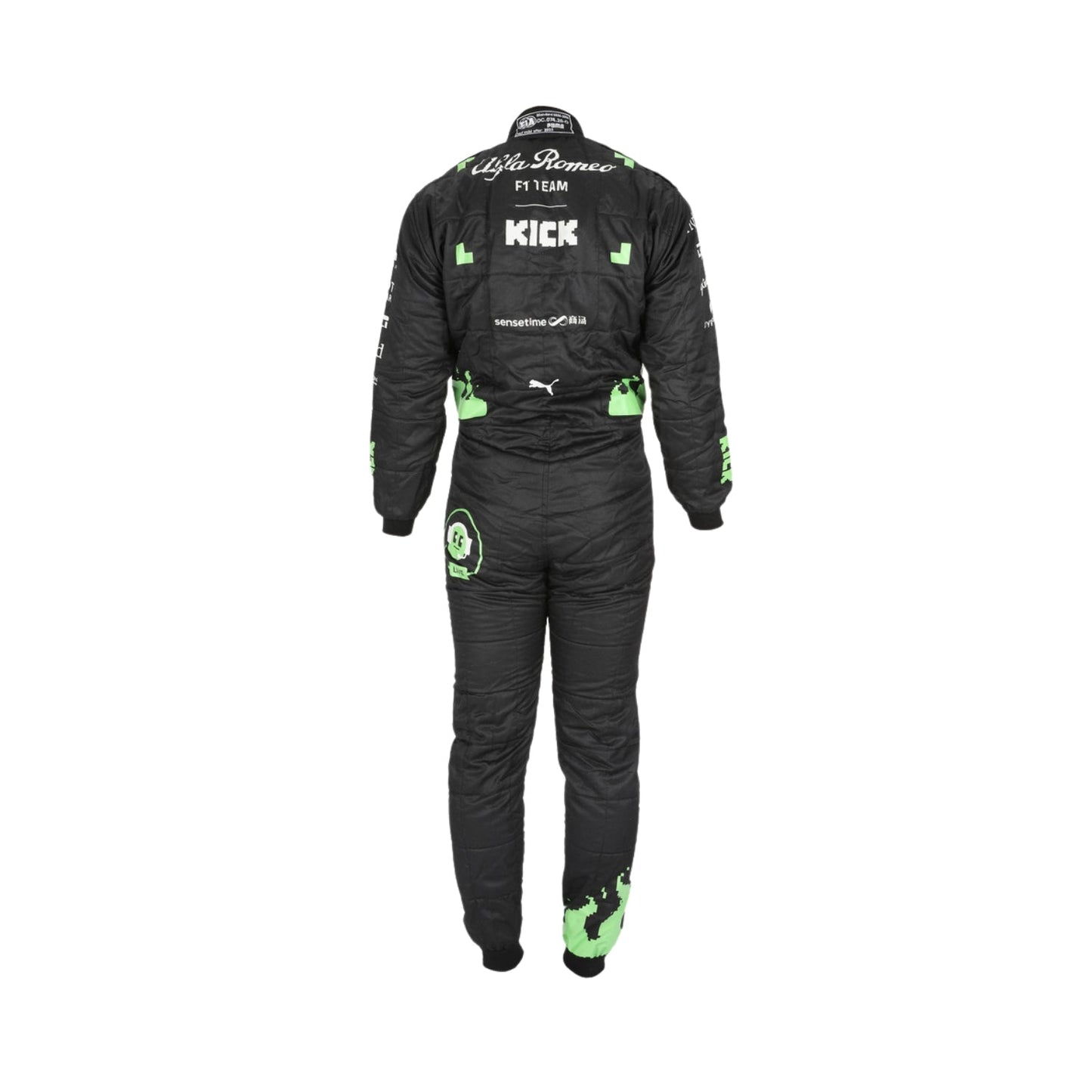 Rear view of Bottas' 2023 Belgian Grand Prix racing suit displaying the continuation of the black, red, and neon green color scheme with prominently placed sponsor logos and aerodynamic paneling.