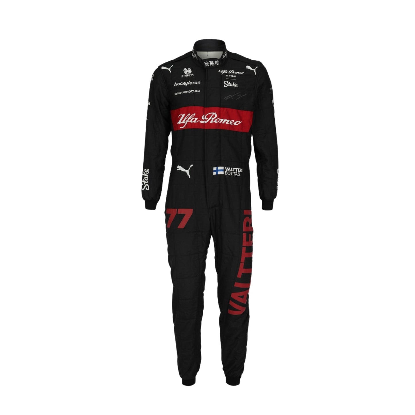 Valtteri Bottas' 2023 Japanese Grand Prix F1 racing suit front view featuring a black base with red and white accents on the shoulders and sides, complemented by sponsor logos, showcasing a sleek and modern design.