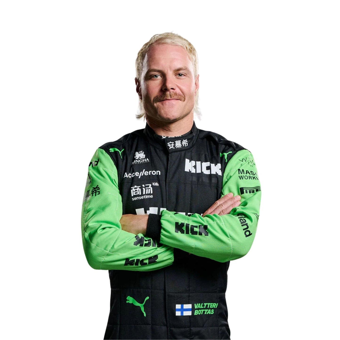 Close-up of the 2024 F1 race suit inspired by Valtteri Bottas, displaying the intricate black material with neon green stitching.