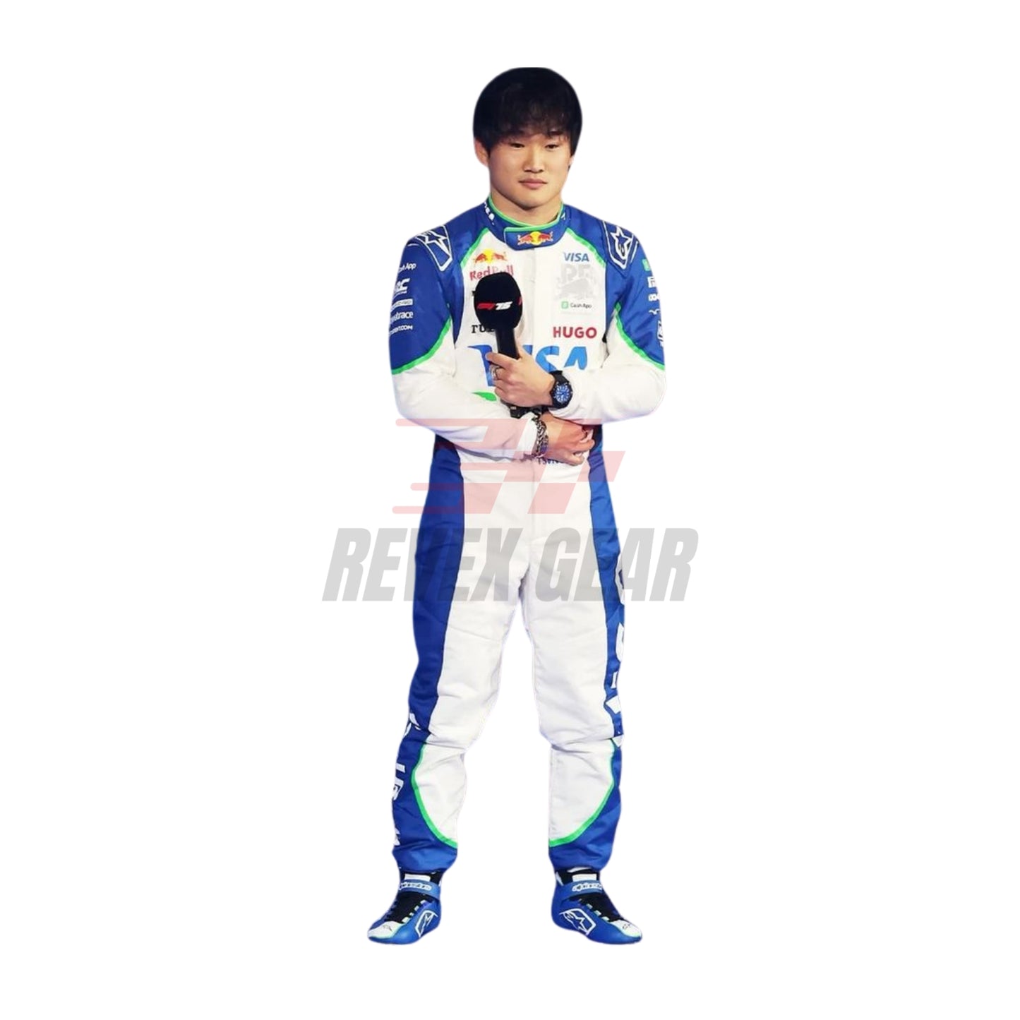 Yuki Tsunoda in his 2025 racing suit, displaying the front with team colors.