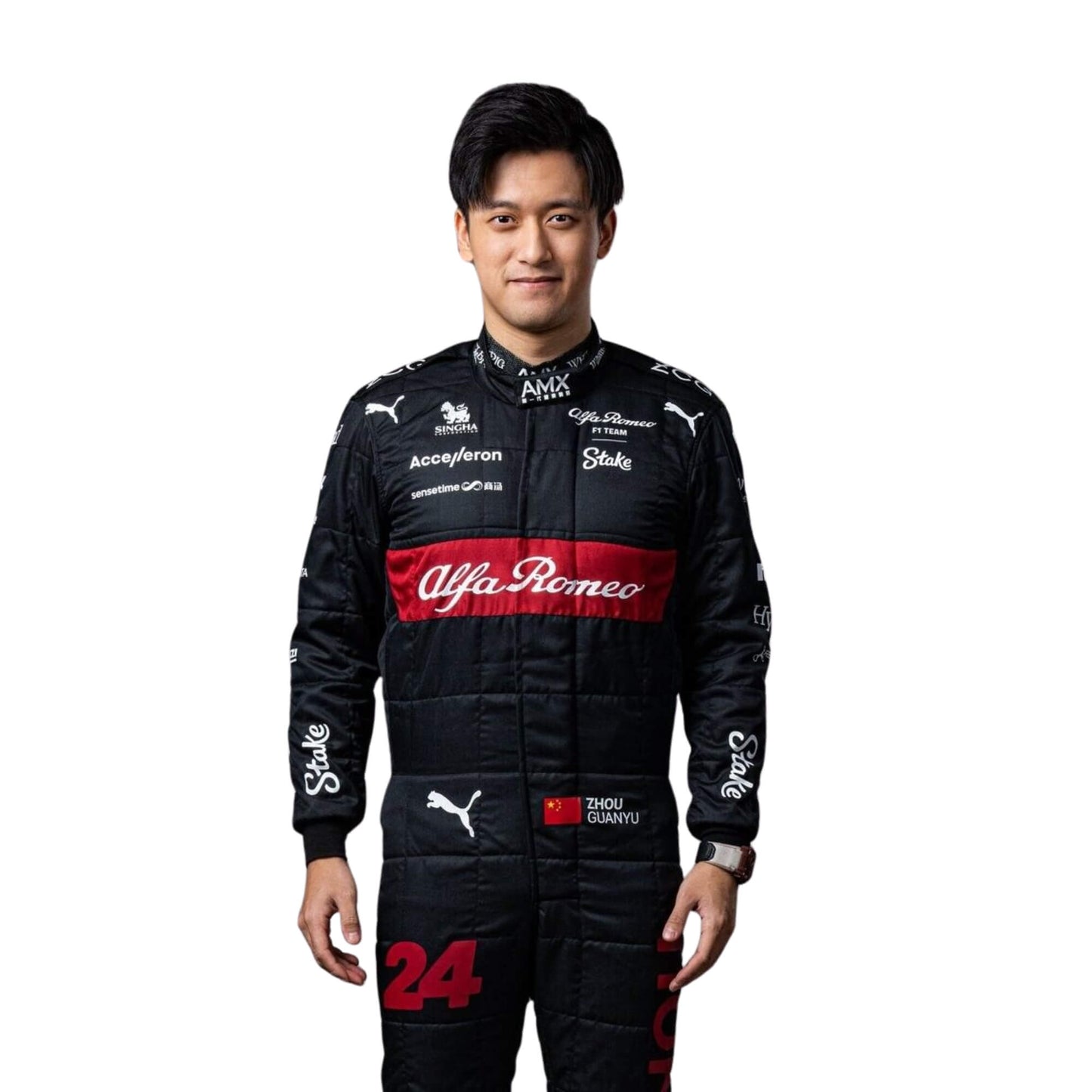 Zhou Guanyu standing confidently in his 2023 Alfa Romeo F1 racing suit, front view showcasing a sleek black base with bold red accents, featuring the 'Alfa Romeo' and 'Stake' branding, along with his race number 24 prominently displayed.