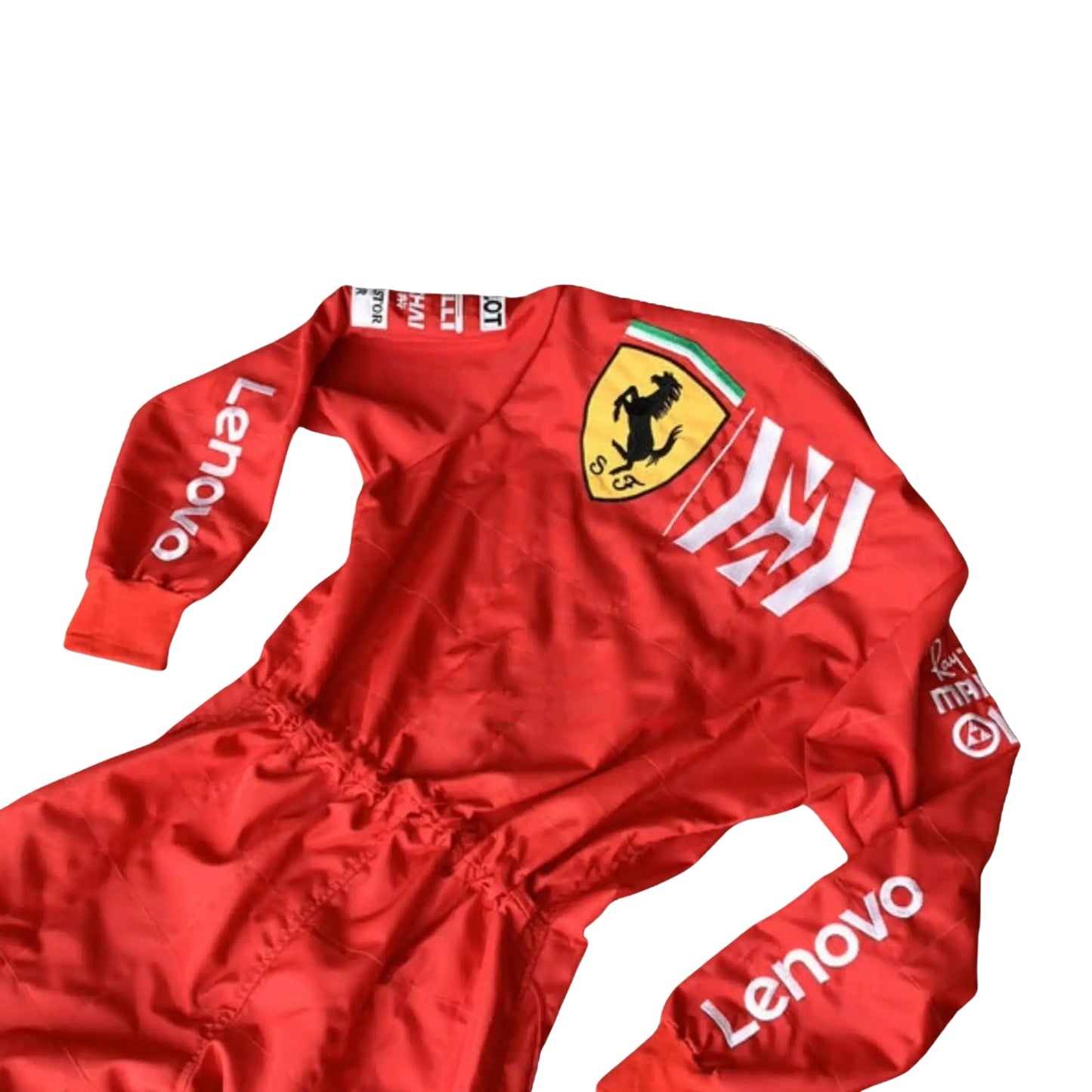 close up Rear view of the 2019 F1 race suit worn by Charles Leclerc, showcasing the large shield and 'Mission Winnow' branding.