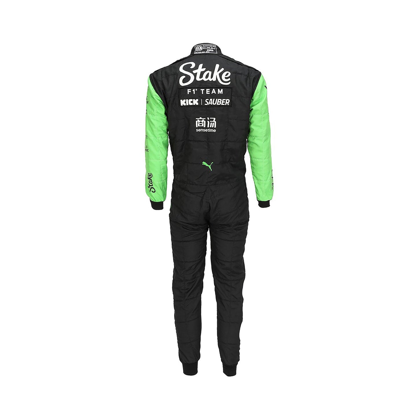 Rear view of the 2024 F1 race suit worn by Zhou Guanyu, featuring a black base with neon green detailing and sponsor logos.