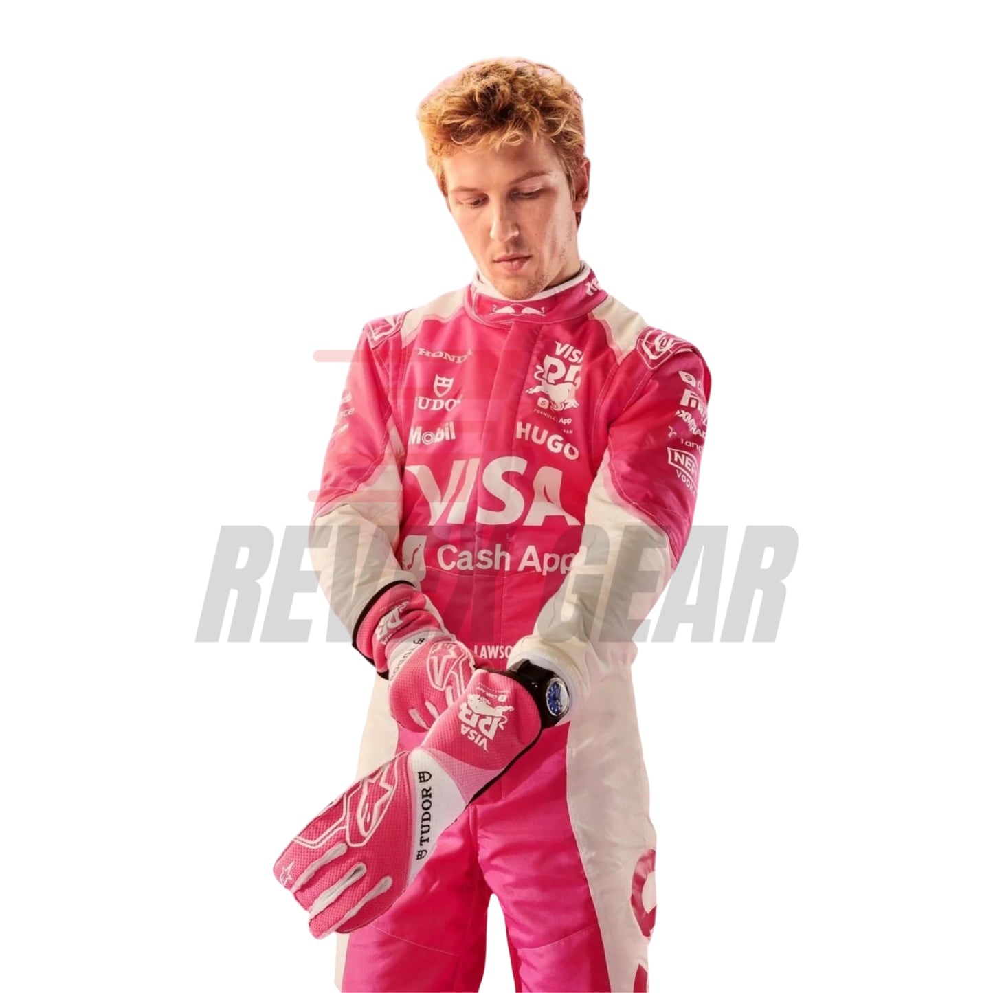 Liam Lawson in the 2025 Miami GP F1 race suit, showcasing a dynamic blend of white and pink colors with modern panel styling.
