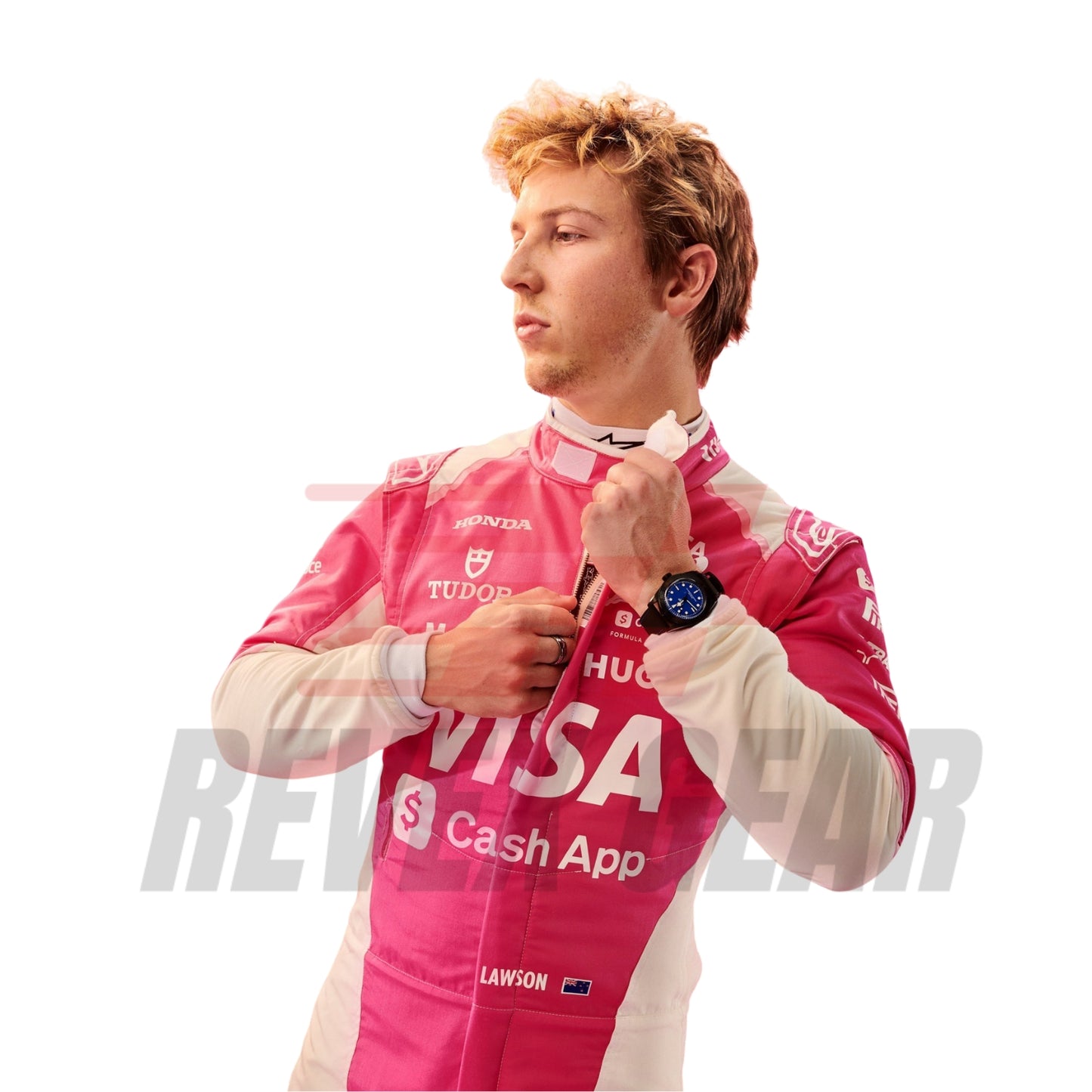 Side profile of Liam Lawson wearing his Miami GP suit, showing streamlined contours and performance-driven design.