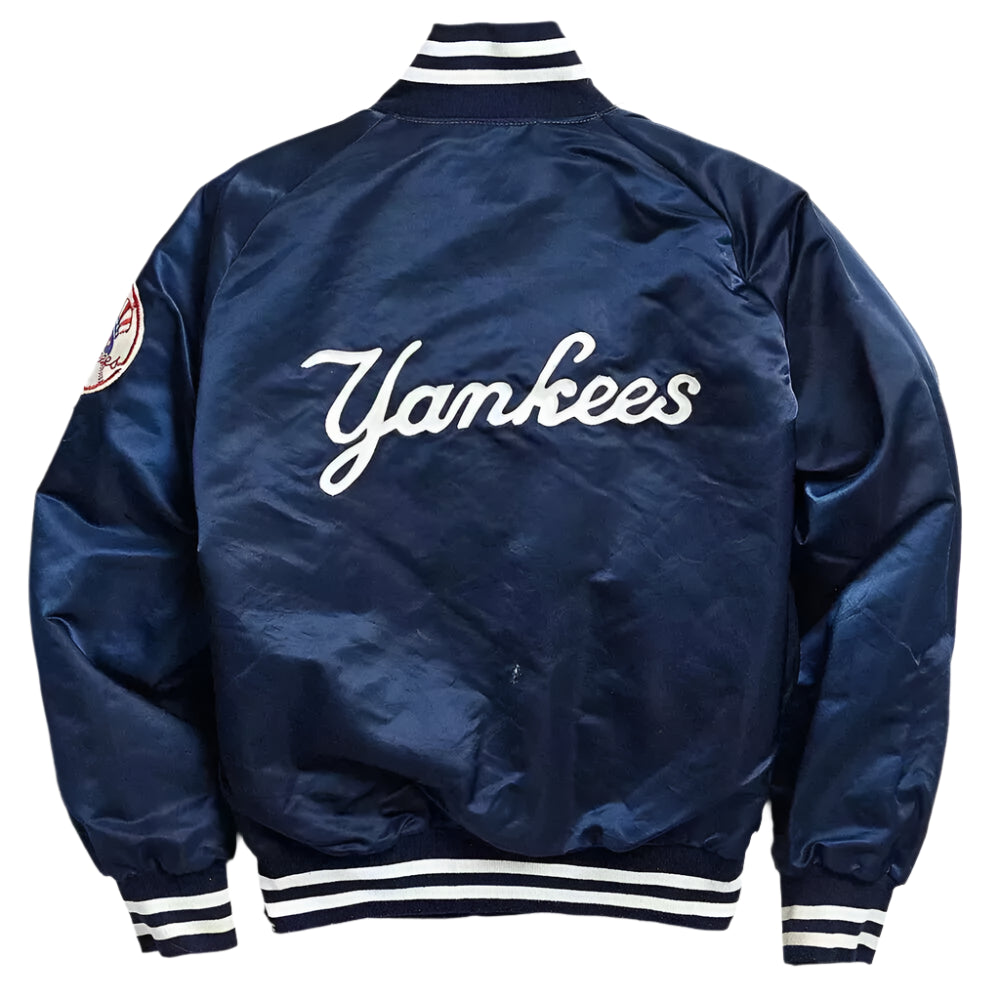 New York Yankees 90s Blue and White Satin Bomber Varsity Jacket For Men