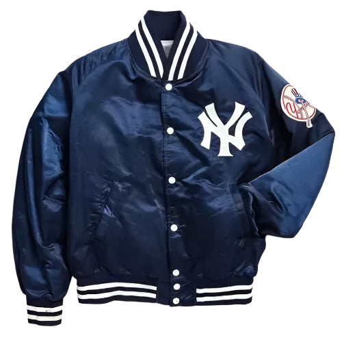 New York Yankees 90s Blue and White Satin Bomber Varsity Jacket For Men