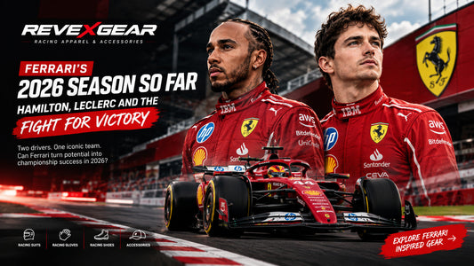 Ferrari F1 2026 Season Banner Featuring Lewis Hamilton and Charles Leclerc in Ferrari Racing Suits on the Track | RevexGear