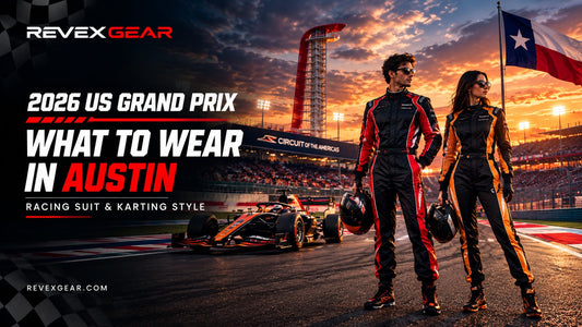 RevexGear 2026 US Grand Prix Austin style guide featuring red and orange racing suits, a Formula-style car, COTA observation tower, Texas flag, and sunset racetrack.
