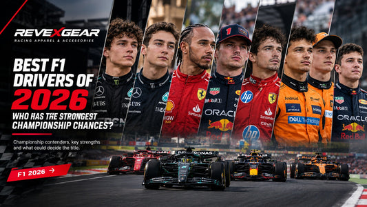 RevexGear Best F1 Drivers of 2026 blog banner featuring Formula 1 drivers, racing cars, and motorsport gear.