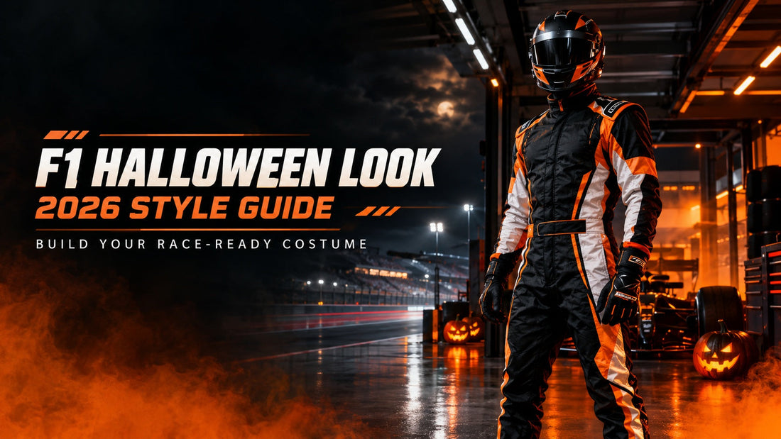 Formula 1 driver Halloween look featuring a black and orange racing suit in a dramatic nighttime pit garage.