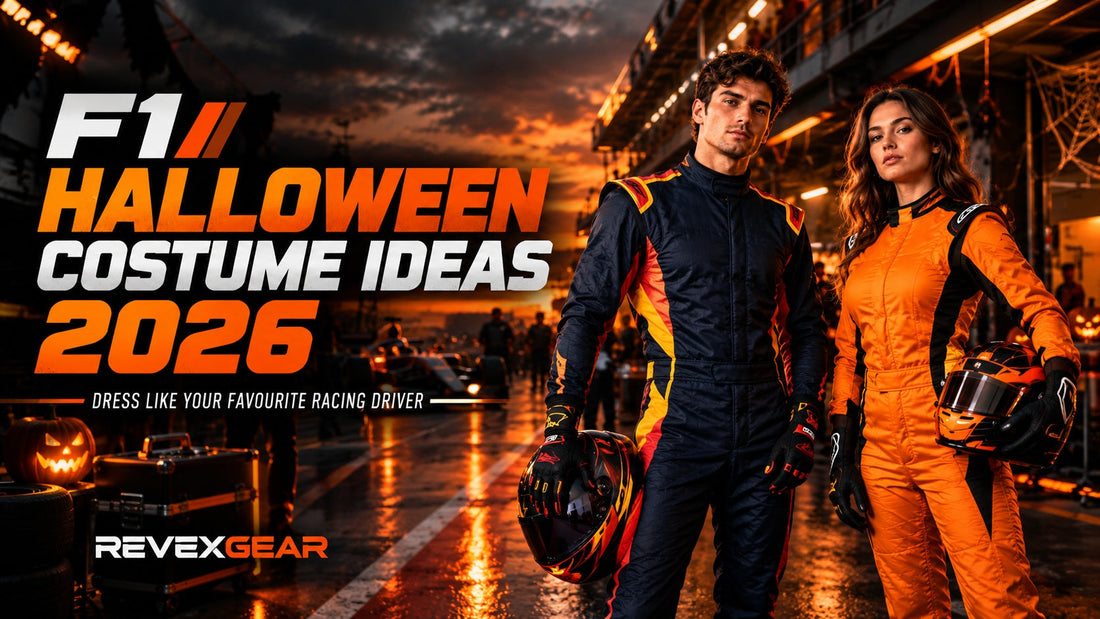F1 Halloween costume ideas 2026 featuring Red Bull, Ferrari and McLaren-inspired racing suits, gloves and shoes for racing fans – RevEx Gear.