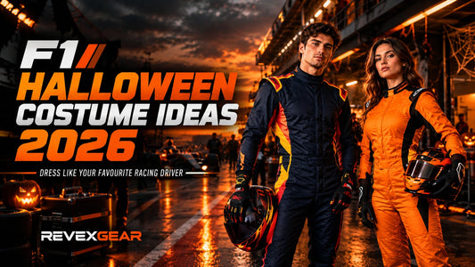 F1 Halloween costume ideas 2026 featuring Red Bull, Ferrari and McLaren-inspired racing suits, gloves and shoes for racing fans – RevEx Gear.