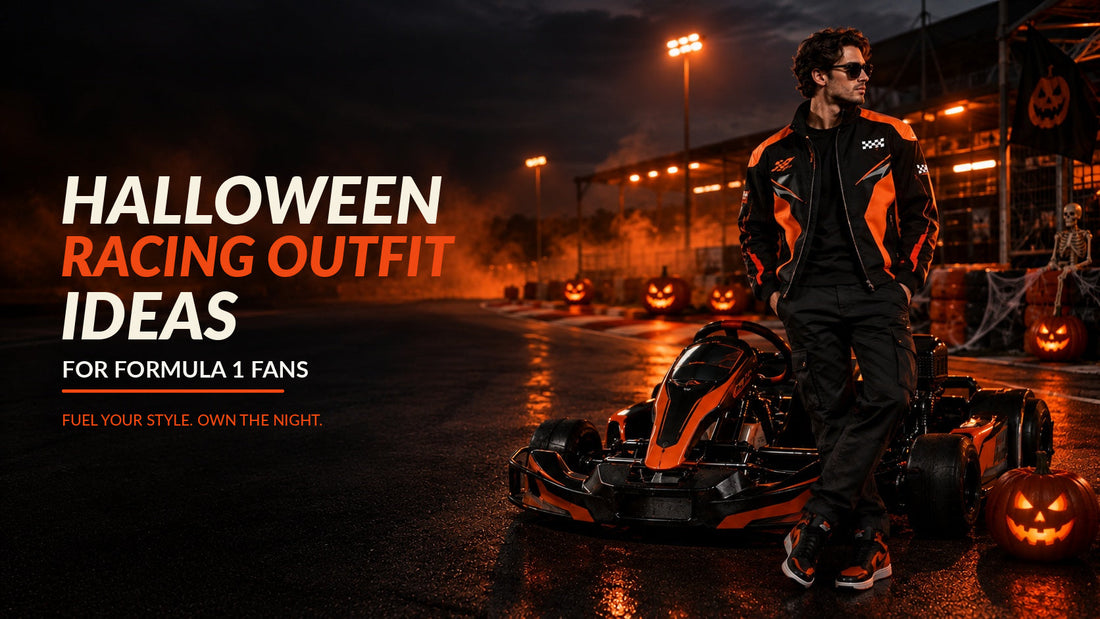 Halloween racing outfit ideas featuring a black and orange motorsport-inspired jacket at a racetrack 