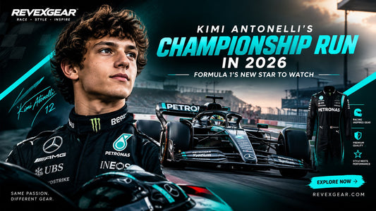 Kimi Antonelli's 2026 Formula 1 championship journey with Mercedes-inspired racing suit styling and modern motorsport design
