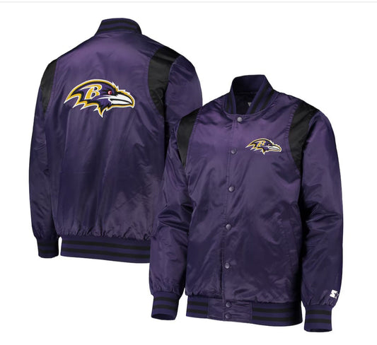 Men's Starter Purple/Black Baltimore Ravens Prime Time Twill Satin Varsity Full-Snap Jacket