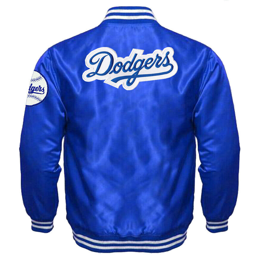 LA Dodgers Blue Satin Bomber Varsity Jacket Embroidery logos