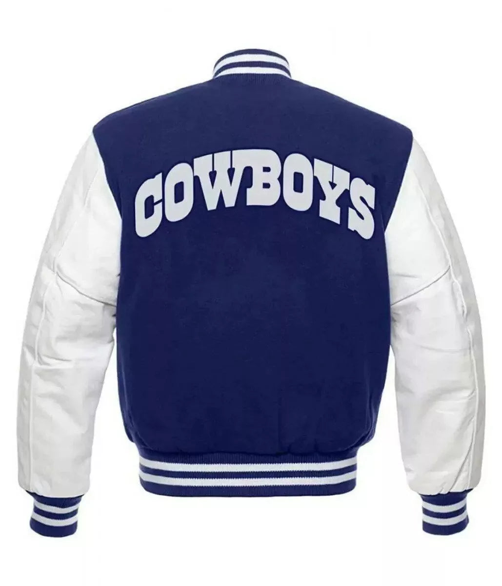 Mens Cowboys Varsity Letterman Jacket Blue Wool Body And Genuine Leather Sleeves