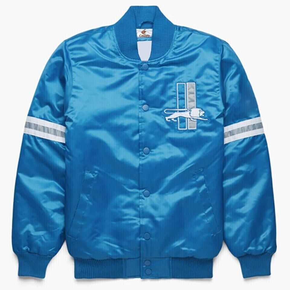 NFL Detroit Lions Vintage 80s Sky Blue Satin Letterman Baseball Varsity Jacket