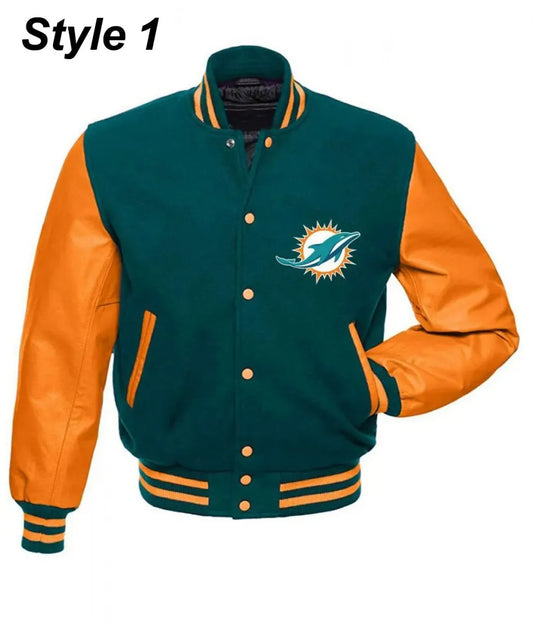 Letterman Miami Dolphins Blue and White Varsity Jacket