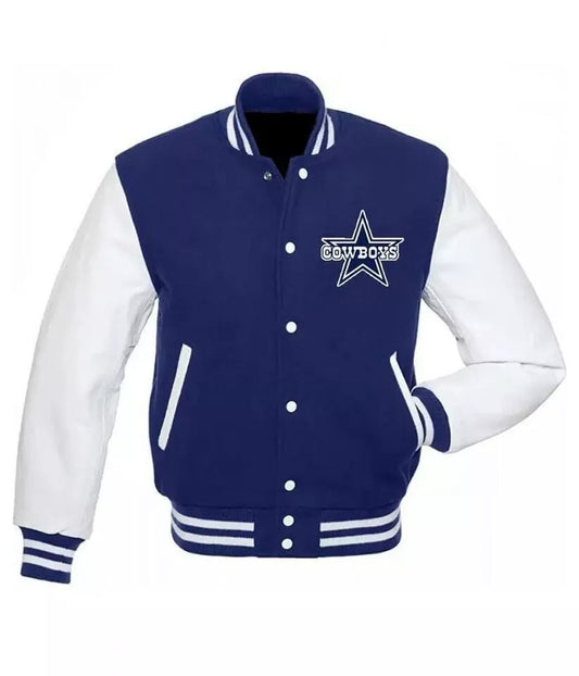 Mens Cowboys Varsity Letterman Jacket Blue Wool Body And Genuine Leather Sleeves