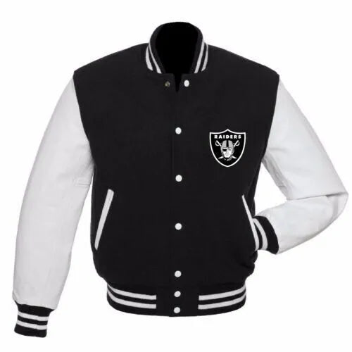 Letterman NFL Oakland Las Vegas Raiders wool body leather sleeves varsity jacket