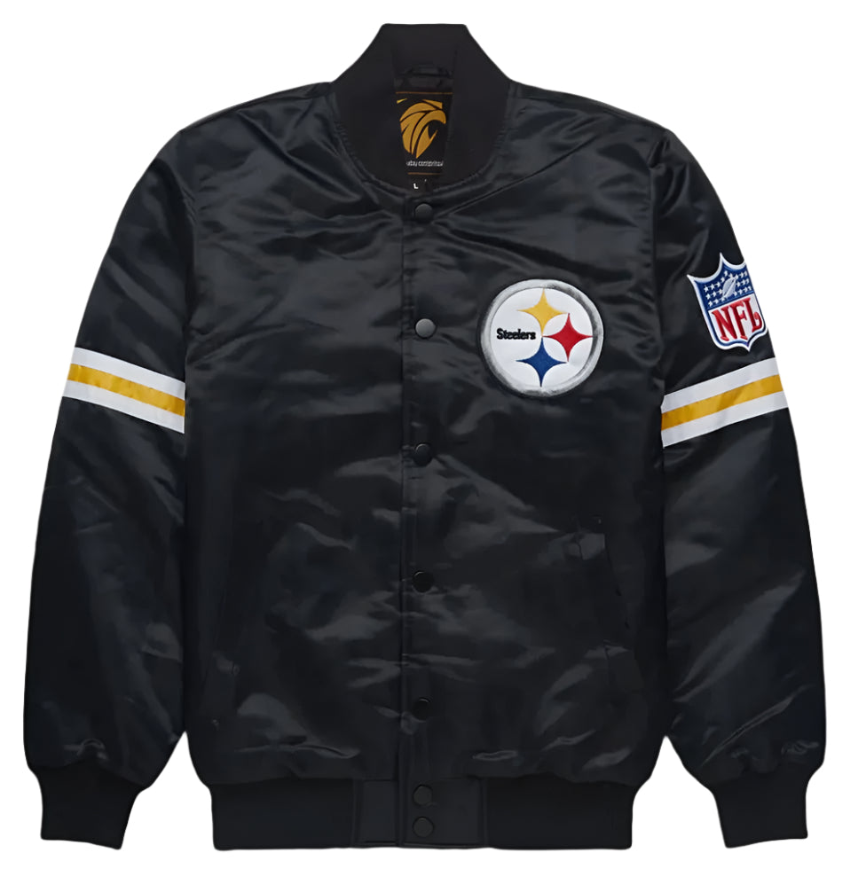 Black Classic style NFL Steelers Satin Varsity Jacket Embroidery logos