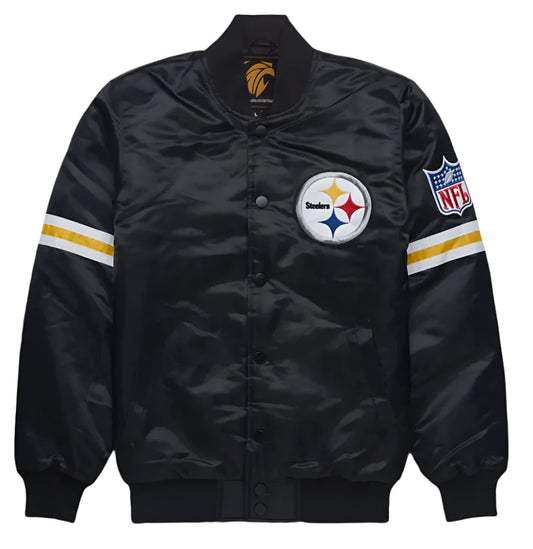 Black Classic style NFL Steelers Satin Varsity Jacket Embroidery logos