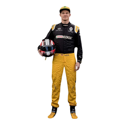 Full-body view of Nico Hulkenberg’s 2017 F1 racing suit, highlighting embroidered sponsor logos, sleek aerodynamic design, and performance features.
