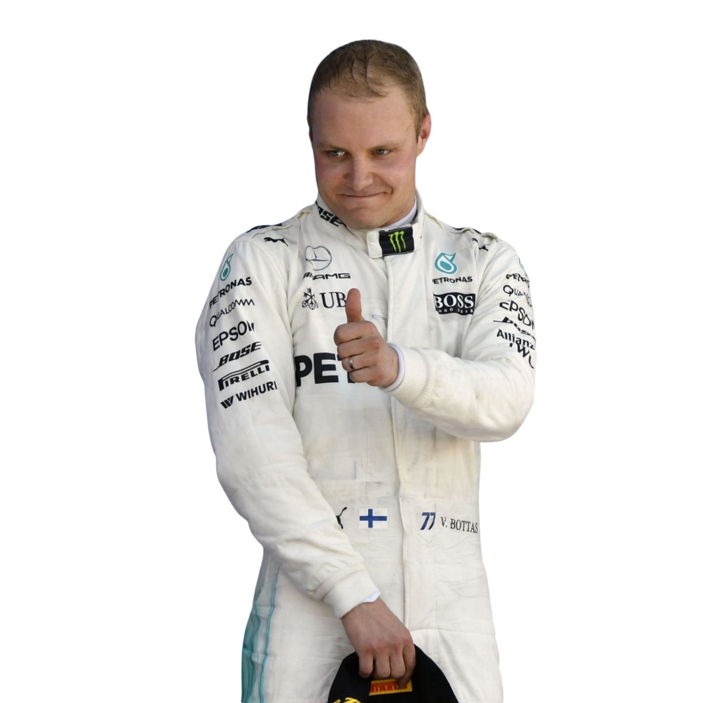 valtteri bottas posing wearing a white racing suit with various sponsor logos on a white background