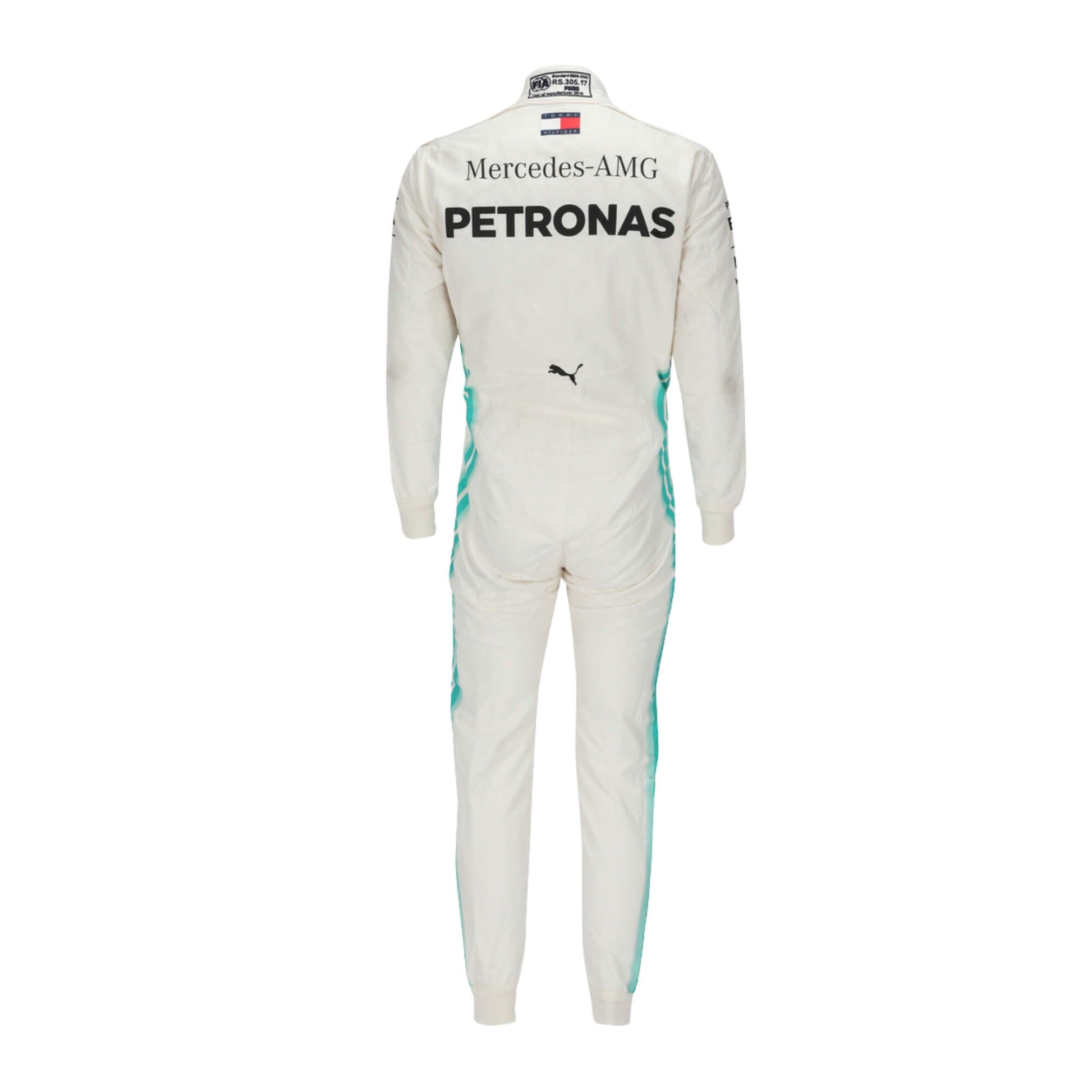 Back view of Valtteri Bottas’s 2018 F1 racing suit, highlighting sponsor logos, lightweight material, and design for enhanced mobility and comfort during competitive racing.