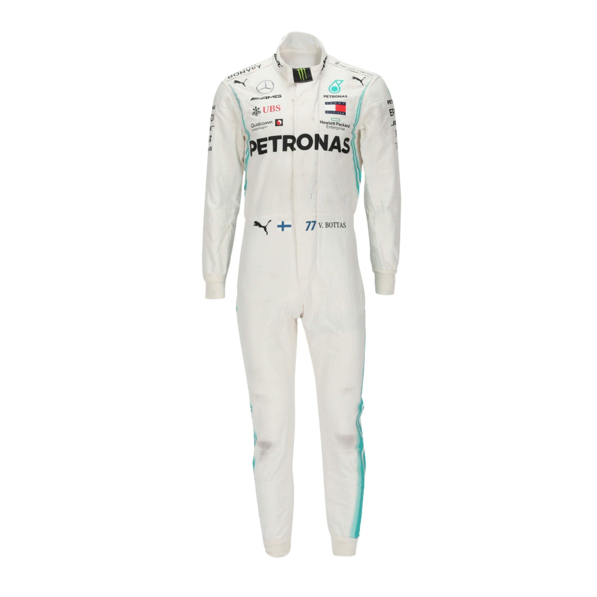 Front view of Valtteri Bottas’s 2018 F1 racing suit, showcasing sponsor logos, aerodynamic fit, and premium embroidery designed for high-performance racing conditions.