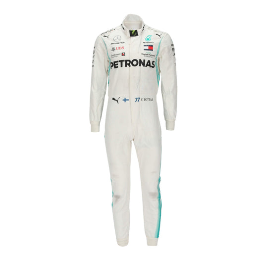 Front view of Valtteri Bottas’s 2018 F1 racing suit, showcasing sponsor logos, aerodynamic fit, and premium embroidery designed for high-performance racing conditions.