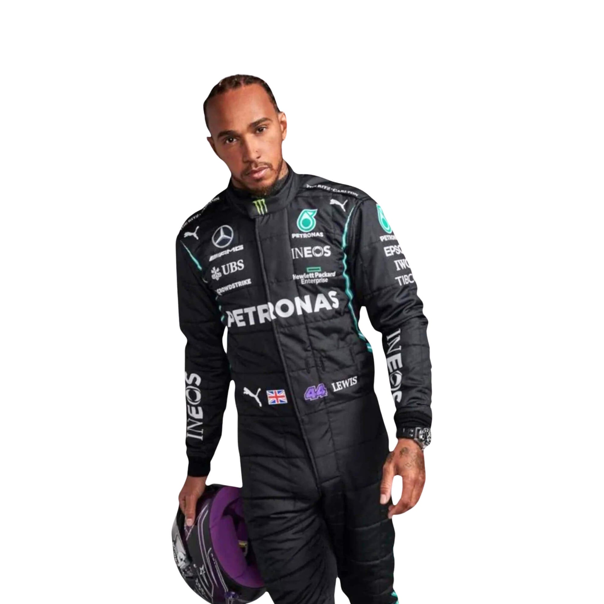 Colse up view of Lewis Hamilton 2020 F1 racing suit – sleek black design with silver detailing,