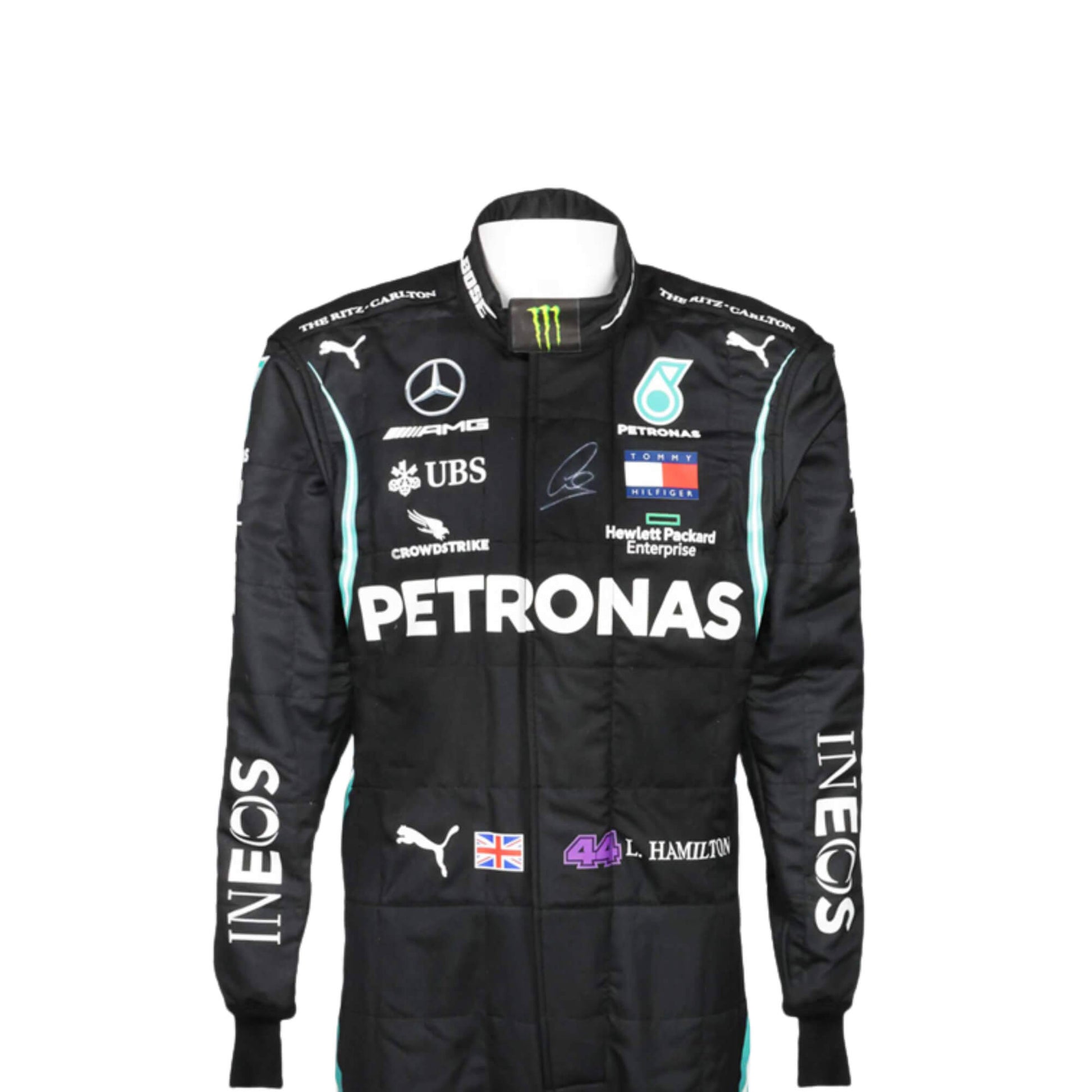 close up front view of Lewis Hamilton 2020 F1 racing suit – sleek black design with silver detailing,
