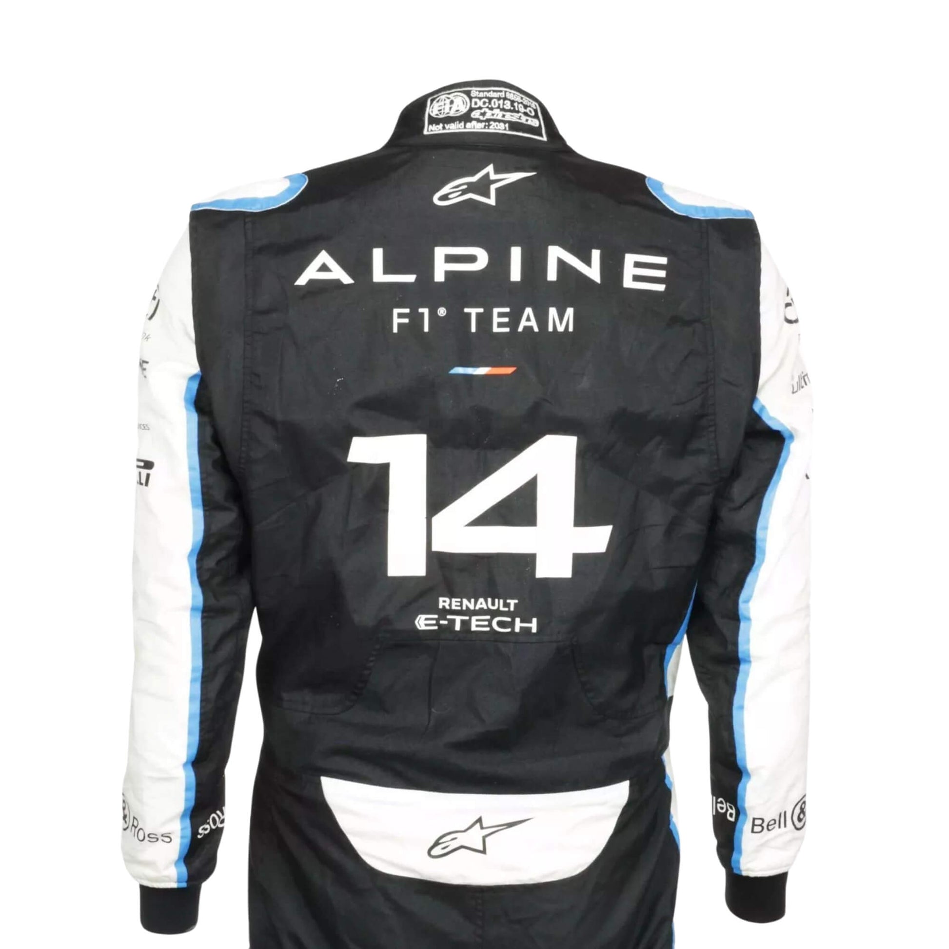 Back view of Fernando Alonso’s 2021 F1 suit – clean image with visible elements