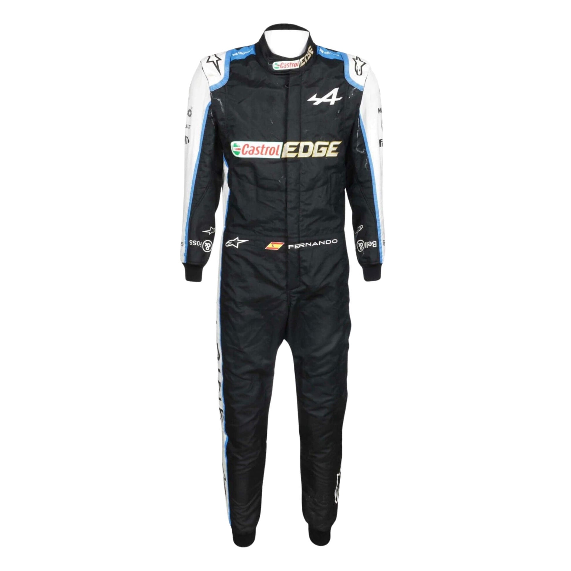 Front view of Fernando Alonso 2021 F1 racing suit – vibrant blue design 