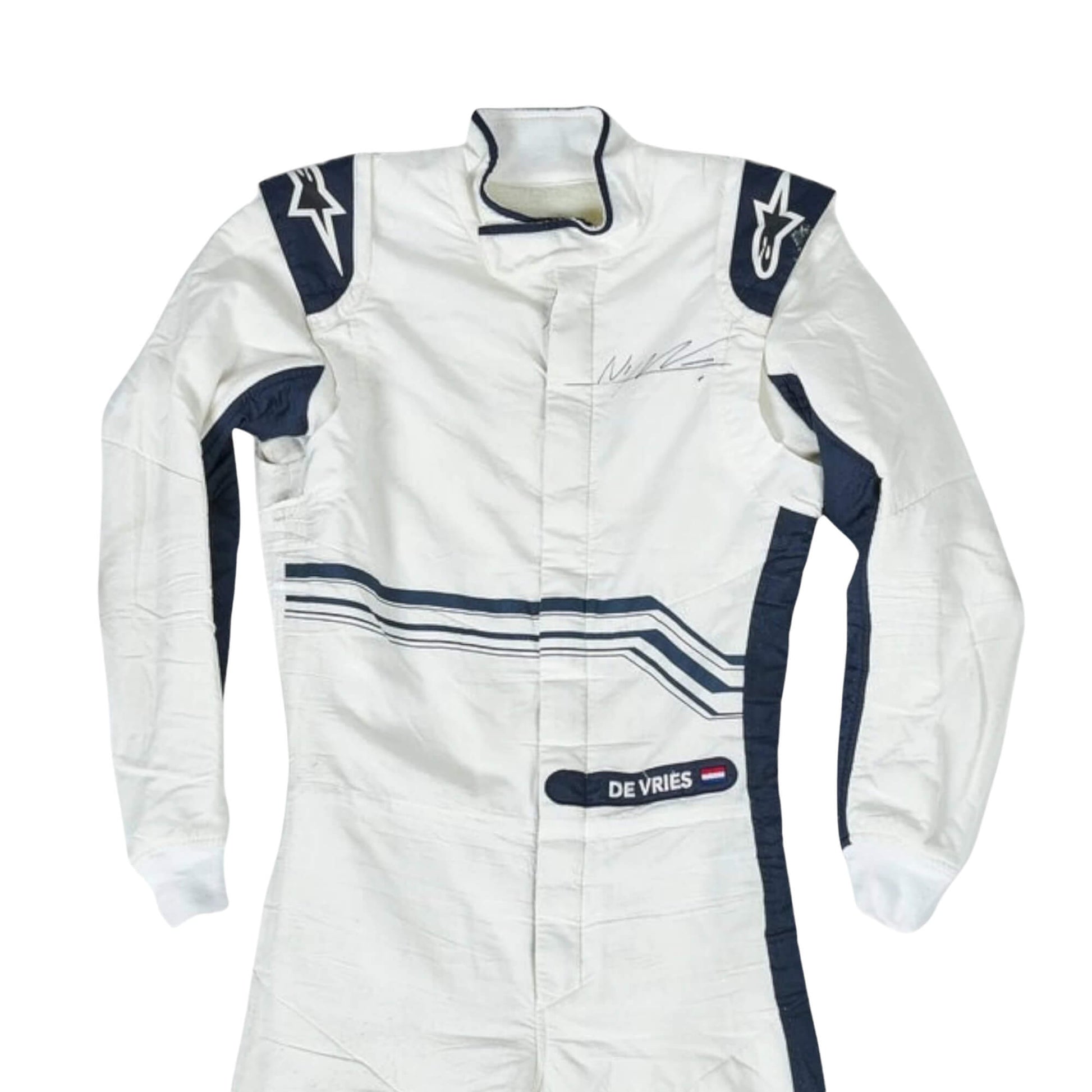 Close-up of logos and fine stitching on Nyck de Vries’ 2022 racing suit showing premium build quality