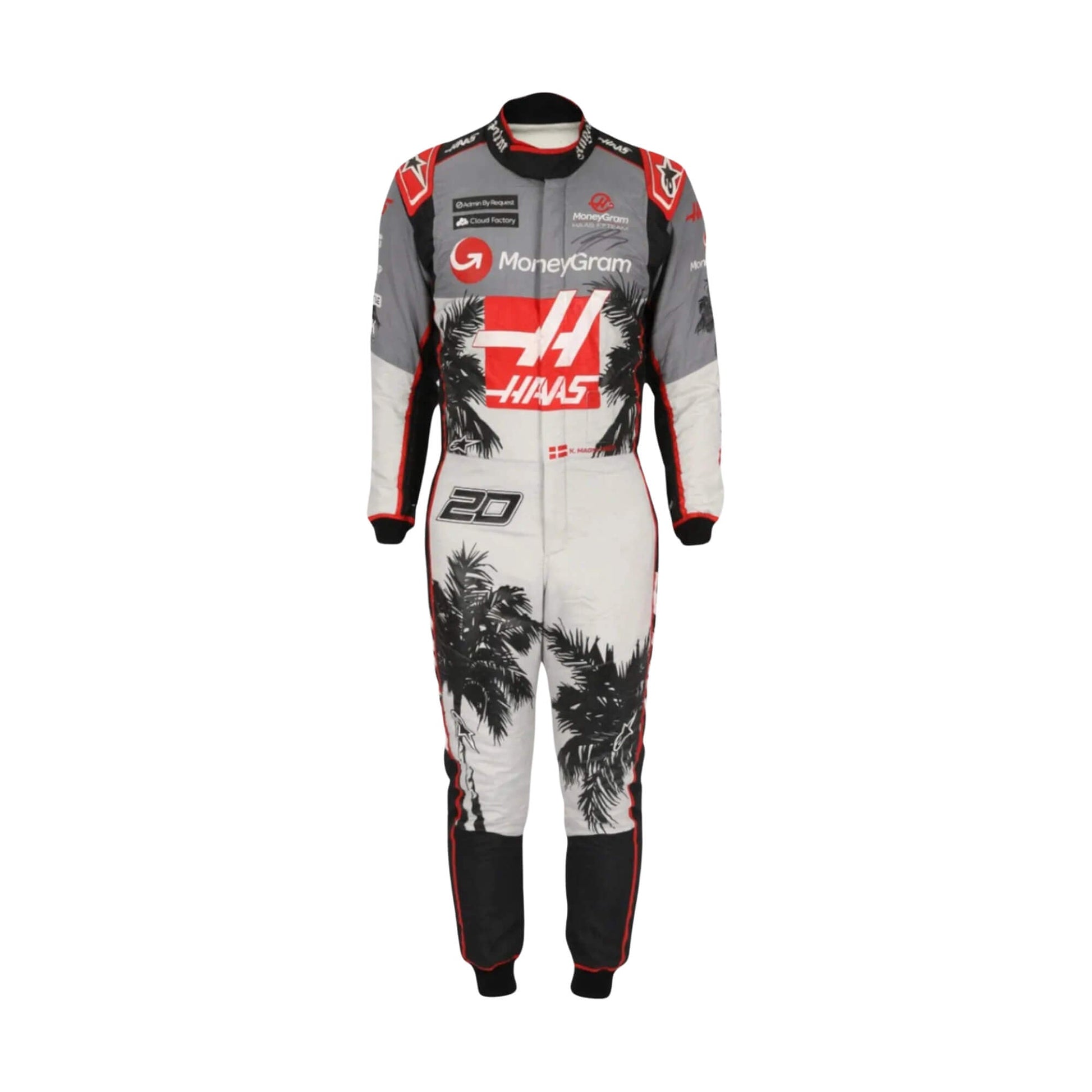 Front view of 2023 Miami GP F1 racing suit inspired by Kevin Magnussen, in bright white with red and black detailing and a heat-ready aerodynamic fit